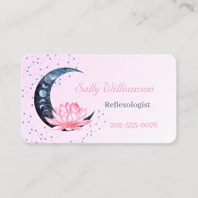 Cartão De Visita Reflexologia QR Código Rosa Lotus Flor Lua (Frente)