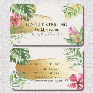 Cartão De Visita Reiki Healer Tropical Dourada, Brushing Watercolor