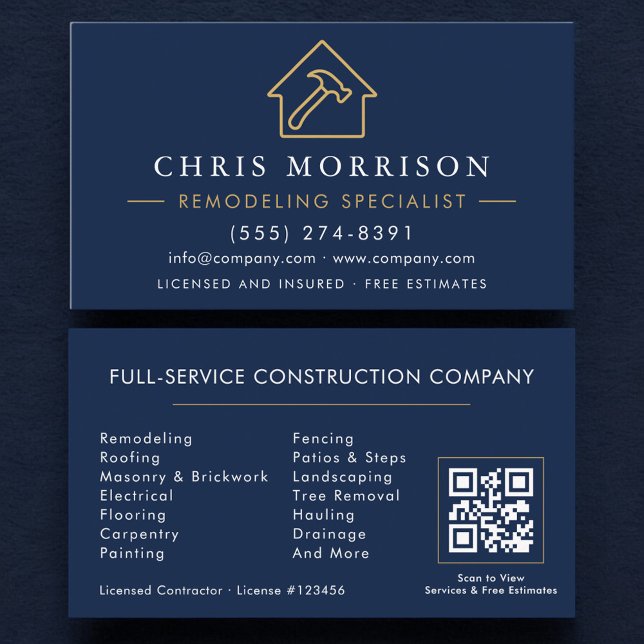 Cartão De Visita Remodeling Specialist QR Code Navy Blue Gold  (Criador carregado)
