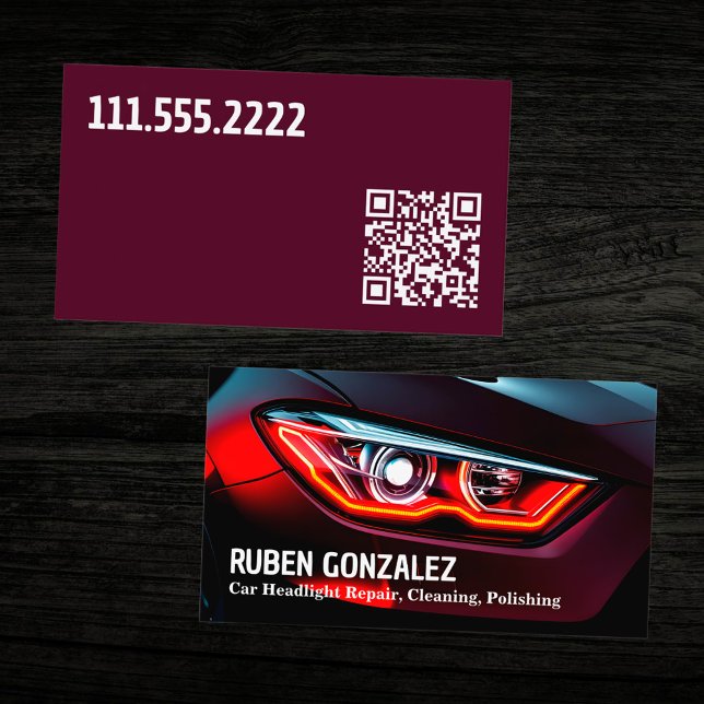 Cartão De Visita Reposição de Farol de Carro Deslocando QR (Car Headlight Restoration Detailing QR Business Card)