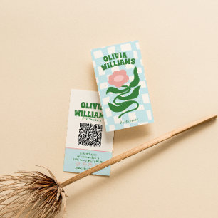 Cartão De Visita Retro Bold Boho Código QR Groovy Xadrez Floral 