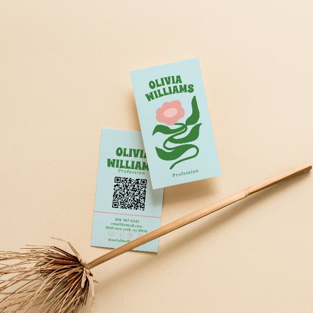 Cartão De Visita Retro Bold Boho QR Code Groovy Floral Trendy (Criador carregado)