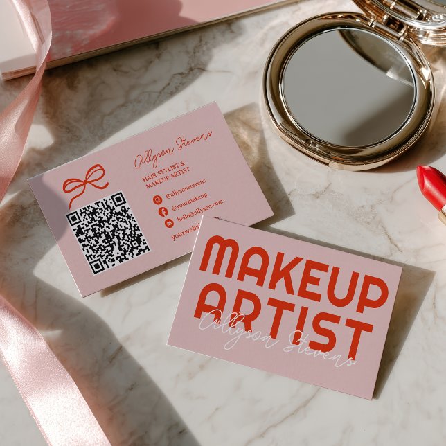 Cartão De Visita Retro Bold Pink Red Makeup Artist QR Code (Retro Bold Pink Red Makeup Artist QR Code Business Card)