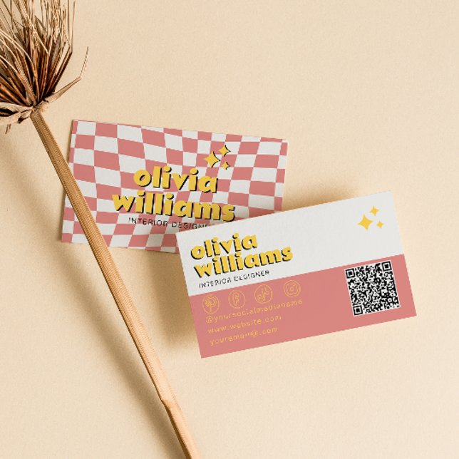 Cartão De Visita Retro Bold QR Code 70s Groovy Checkered Trendy (Criador carregado)