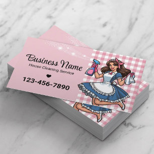 Cartão De Visita Retro Cartoon Maid House Clearing Service Pink