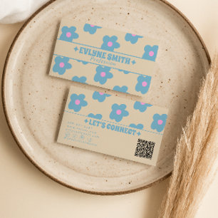 Cartão De Visita Retro Creme Código QR Azul Floral Boho Único