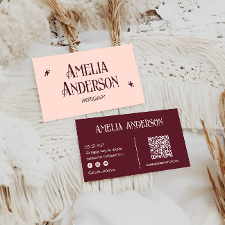 Cartão De Visita Retro Elegant Blush & Burgundy Qr Code
