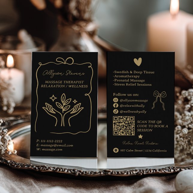 Cartão De Visita Retro Gold black Doodles Massage Therapist QR Code (Retro Gold black Doodles Massage Therapist QR Code Business Card)