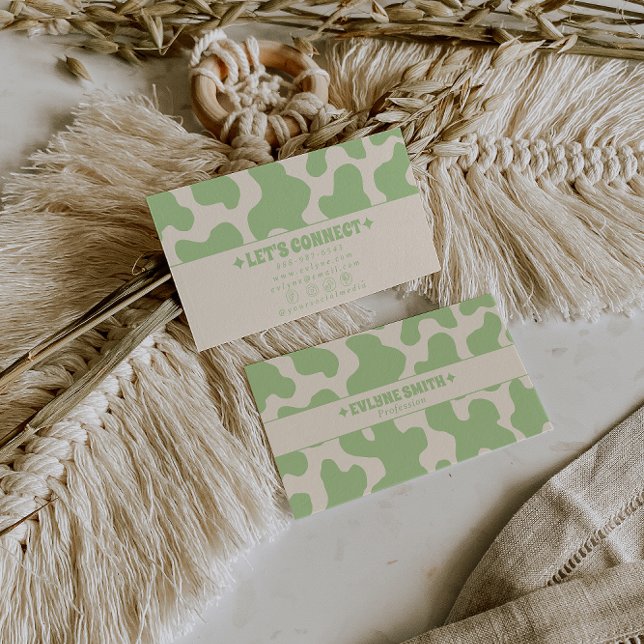 Cartão De Visita Retro Green Cream 70s Boho Groovy Funky Trendy (Criador carregado)