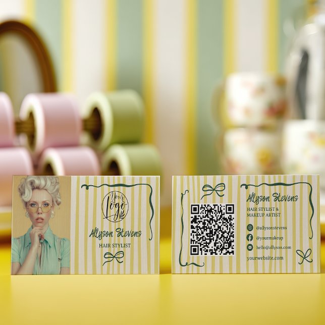 Cartão De Visita Retro Green Striped Quirky Hair photo qr code Logo (Retro Green Striped Quirky Hair photo qr code Logo Business Card)