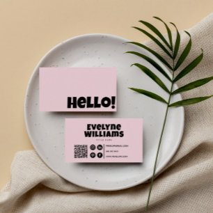 Cartão De Visita Retro Groovy Blush Pink Código QR Boho Girly Hello