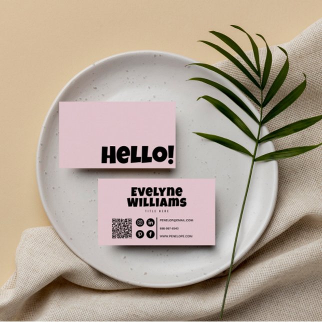 Cartão De Visita Retro Groovy Blush Pink Código QR Boho Girly Hello (Criador carregado)