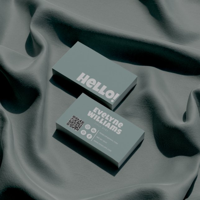 Cartão De Visita Retro Groovy Green QR Code Hello Modern Boho (Criador carregado)