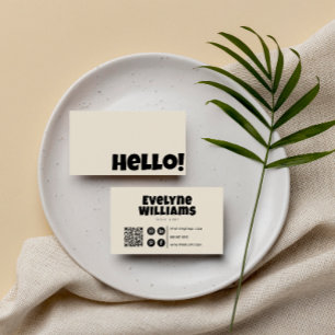 Cartão De Visita Retro Groovy Neutral Cream QR Code Bold Hello Boho
