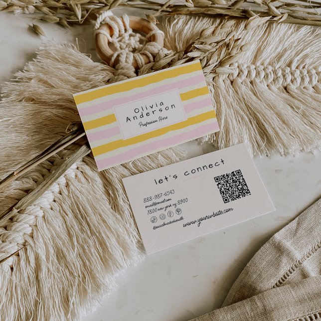 Cartão De Visita Retro Hand Drawn Pink Yellow Stripes QR Code Boho (Criador carregado)