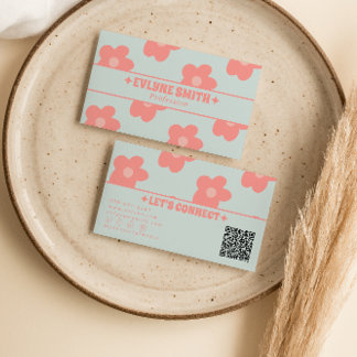 Cartão De Visita Retro Pastel Pink QR Code Groovy Floral Boho Girly