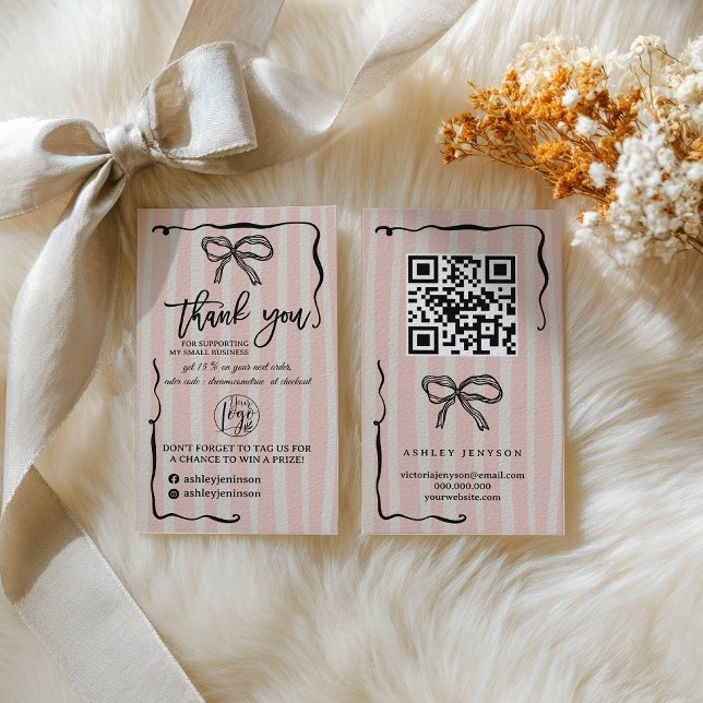 Cartão De Visita Retro Pink beige Bow Logo QR Thank You Order (Retro Pink beige Bow Logo QR Thank You Order Business Card)
