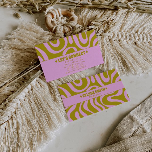 Cartão De Visita Retro Pink Green Monochrome Boho Groovy Trendy  (Criador carregado)