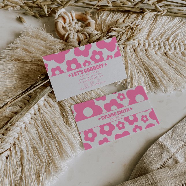 Cartão De Visita Retro Pink Groovy Floral Boho Girly Unique Trendy  (Criador carregado)