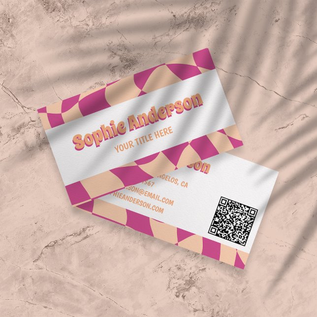 Cartão De Visita Retro Pink & Peach Wavy Pattern with QR Code  (Criador carregado)