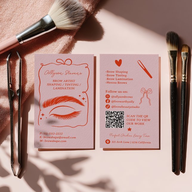 Cartão De Visita Retro Pink Red Doodles Brow Artist QR Code (Retro Pink Red Doodles Brow Artist QR Code Business Card)