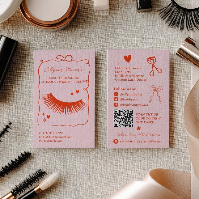 Cartão De Visita Retro Pink Red Doodles Lash Tech QR Code (Retro Pink Red Doodles Lash Tech QR Code Business Card)