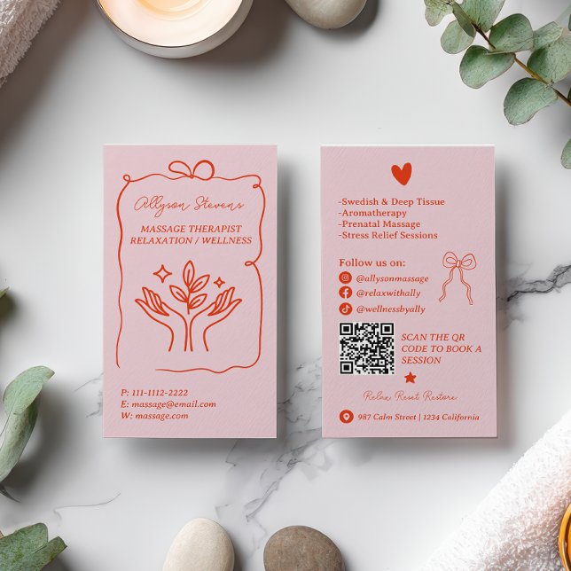 Cartão De Visita Retro Pink Red Doodles Massage Therapist QR Code (Retro Pink Red Doodles Massage Therapist QR Code Business Card)