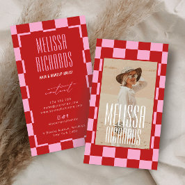 Cartão De Visita Retro Pink Red Groovy Beauty Salon Custom Photo