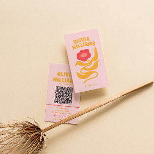 Cartão De Visita Retro Rosa Laranja Boho Código QR Floral Groovy Fe