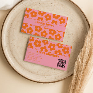 Cartão De Visita Retro Rosa Laranja Código QR Floral Boho Feminino