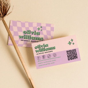 Cartão De Visita Retro Rosa Verde Código QR Groovy Xadrez Tendência
