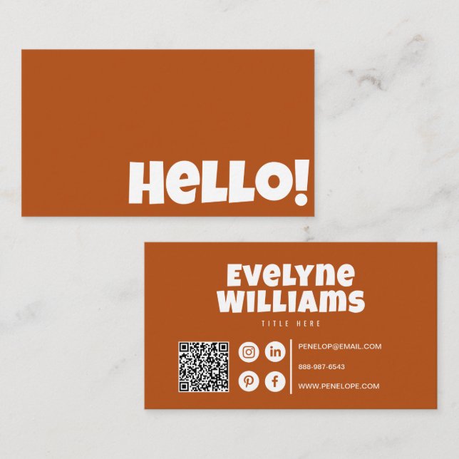 Cartão De Visita Retro Terracotta Burnt Orange QR Code Hello Modern (Frente/Verso)
