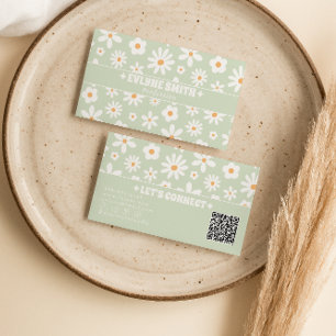 Cartão De Visita Retro Verde Branco Código QR Groovy Floral Único D