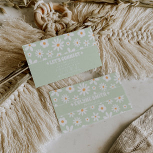 Cartão De Visita Retro Verde Branco Floral Boho Único na Moda