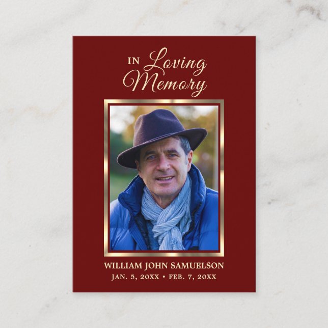 Cartão De Visita REZA FUNERAL OBRIGADO A SUA FOTO Vermelha Burgundy (Frente)