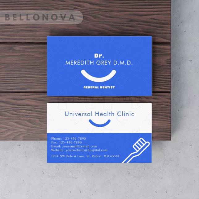 Cartão De Visita Rico de Dentista White Azul Real Personalizado (Custom Royal Blue White Dentist Doctors Fancy Business Card)