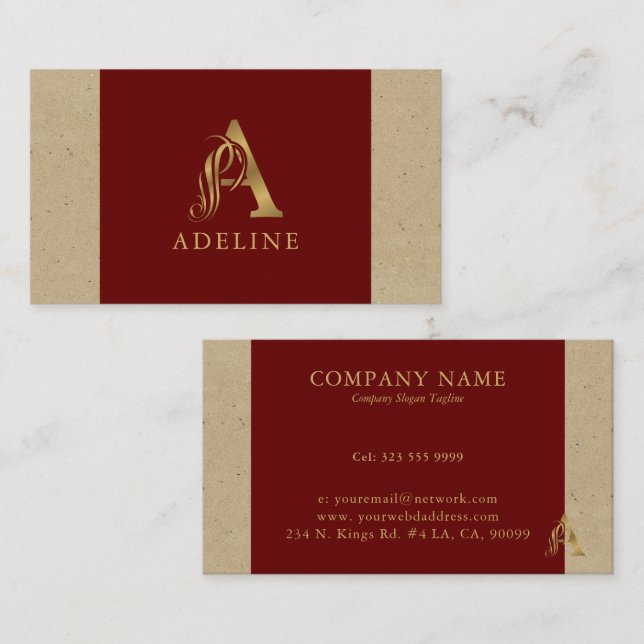 Cartão De Visita Rico Dourado - Letra A Monograma em Vermelho e Car (Frente/Verso)