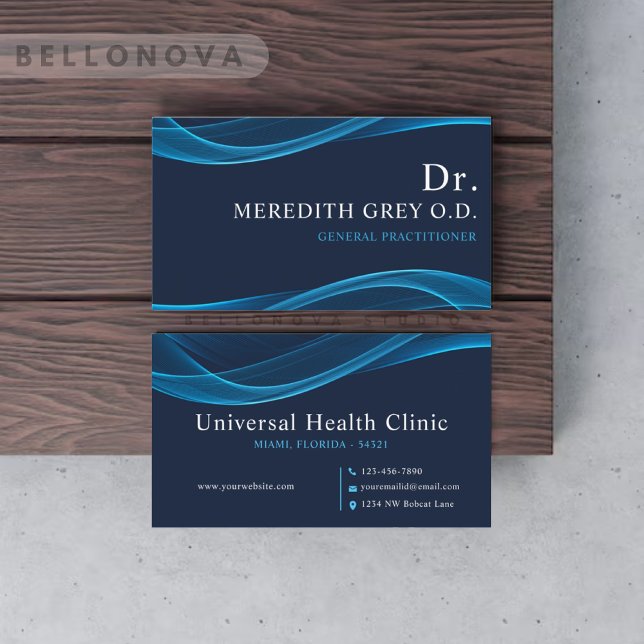 Cartão De Visita Rico Personalizado de Médicos Azul Brilho Azul (Custom Dark Bright Blue White Doctors Fancy Business Card)