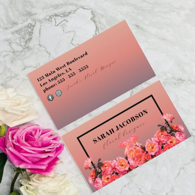 Cartão De Visita Rodas Rosa Retângulo Preto Quadro Floral (Criador carregado)