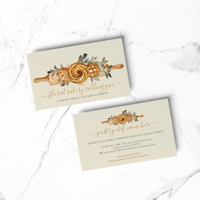 Cartão De Visita Rolo de Massa Padaria Bolos Doces Biscoito bege ma (Rolling Pin Bakery Cakes Sweets Cookie beige ivory Business Card)