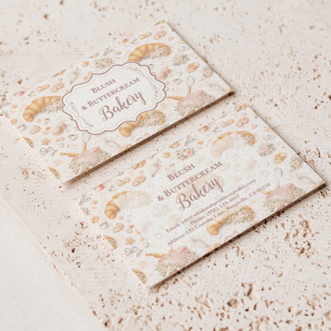 Cartão De Visita Romantic Blush Croissant Bakery Business (Criador carregado)