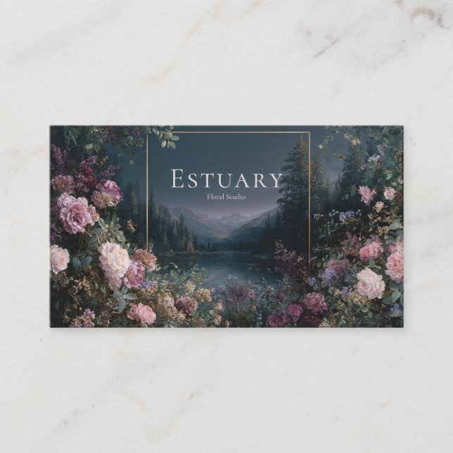 Cartão De Visita Romantic Twilight Floral and Starry Mountain Lake  (Frente)