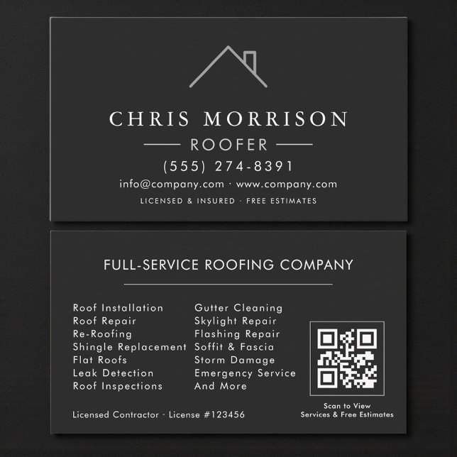 Cartão De Visita Roofer Black Silver QR Code Roofing Company (Criador carregado)