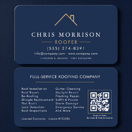 Cartão De Visita Roofer Navy Blue Gold QR Code