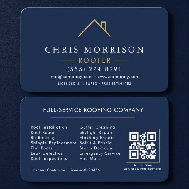 Cartão De Visita Roofer Navy Blue Gold QR Code (Criador carregado)