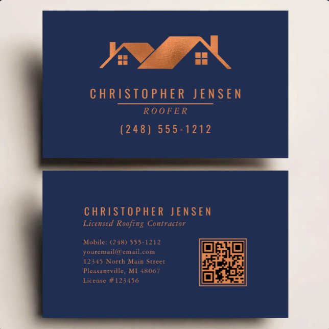 Cartão De Visita Roofer QR Code Roofing Business Navy Blue Copper (Criador carregado)