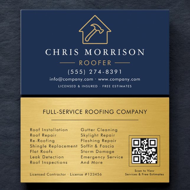 Cartão De Visita Roofing Professional Navy Blue QR Code (Criador carregado)