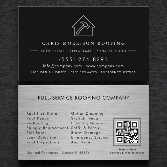 Cartão De Visita Roofing Roofer Contractor Metallic QR Code (Criador carregado)