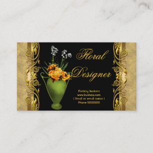 Cartão De Visita Rosa Amarela Elegante Floristry Preto Dourado