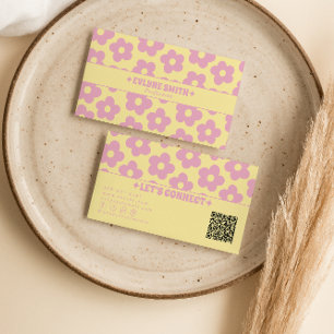 Cartão De Visita Rosa Amarelo Retro Código QR Floral Groovy Feminin